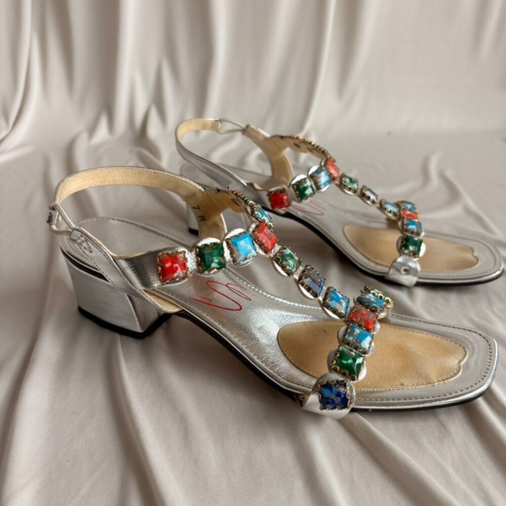 Vintage 70s California Magdesians Silver T-Strap Sandals - Jeweled, Size 7